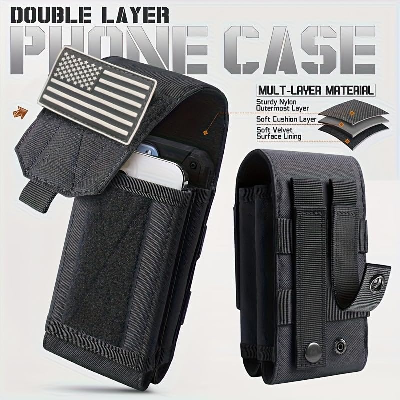 Tactical Double Layer Phone Holster Pouch with American Flag Patch Outdoor Molle Belt Waist Bag for Patriotic Independence Day Gear (White) - color: White