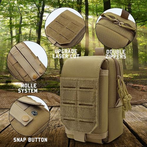 Molle Phone Pouch, 2 Piece 1000D Laser-Cut Tactical Small Molle Admin Pouch, Hook & Loop Heavy Duty Belt Molle Pouches for Belt Backpack Vest - color: 1 Piece Tan