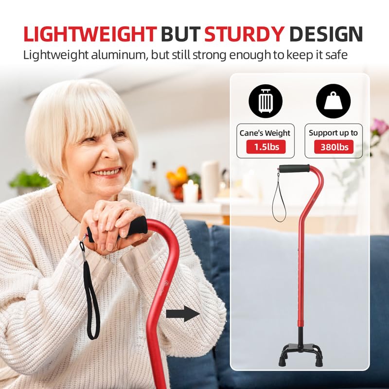 BeneCane Quad Cane Adjustable Walking Cane with Offset Soft Cushioned Handle for Men & Women Lightweight Comfortable with 4-Pronged feet for Extra Stability - color: red