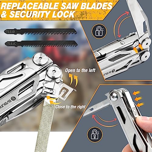 BIBURY 31-in-1 Multitool Pliers Pro,EDC Pocket Knife & Scissors-BI2045 | Stainless Steel Multi Tool with Screwdriver, Replaceable Wire Cutters, Saw, Ideal for Survival,Camping,Repair, Gifts for Men - color: Silver