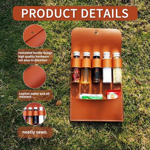 BY-J Camping Spice Kit with 5 Jars, Foldable Leather Spice Holder Seasoning Storage Bag, Condiment Container Set for Outdoor Picnic BBQ, Waterproof Travel Seasoning Container, Brown - color: SK0325-Brown