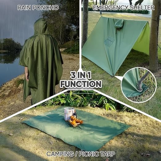 Extra Thick Waterproof Hooded Rain Poncho for Adults Lightweight Raincoat Jacket with Pocket for Hiking Camping Emergency - color: Green