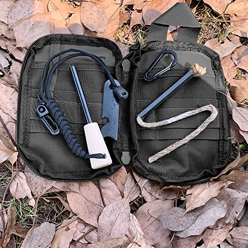 Fire Starter Survival Kit, Larger Ferro Rod with Striker Lanyard 3in Long Flint and Steel, 13.8in Wick Hemp Cord, Multifunctional Bag - style: Black Bag Kit