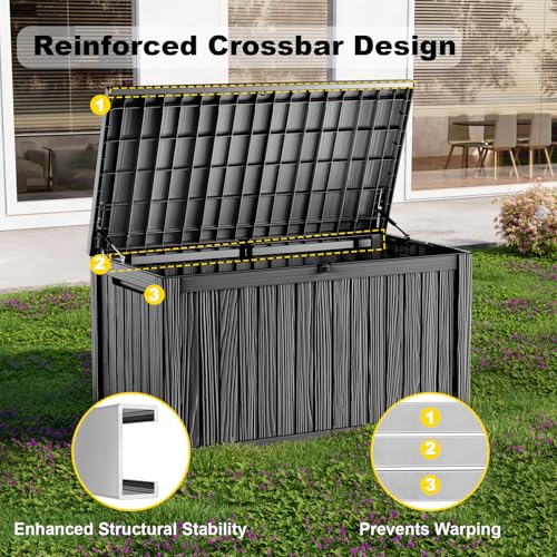 200 Gallon Waterproof Outdoor Storage Box, UV Resistant Resin Deck Box with Hydraulic Rod for Reinforced Stability, Perfect for Patio, Garden, and Pool（Black，200 Gallon） - color: Black, size: 200 Gallon