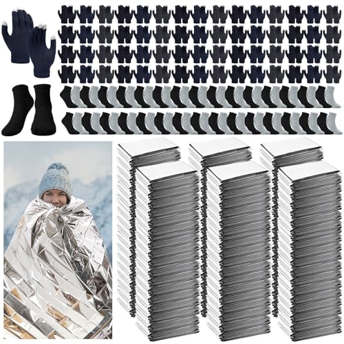 180 Pcs Bulk Emergency Blankets Winter Socks Gloves, Classic Colors - color: Classic Colors