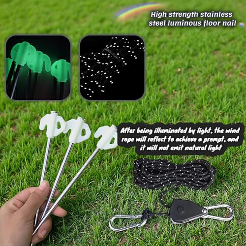 Camping Tent Rope Pulley System with Stakes, 4mm Braided Polyester Wind Rope, 13ft Adjustable Tightener with Carabiner and 4 Glow-in-the-Dark Steel Stakes, 34kg Load Capacity