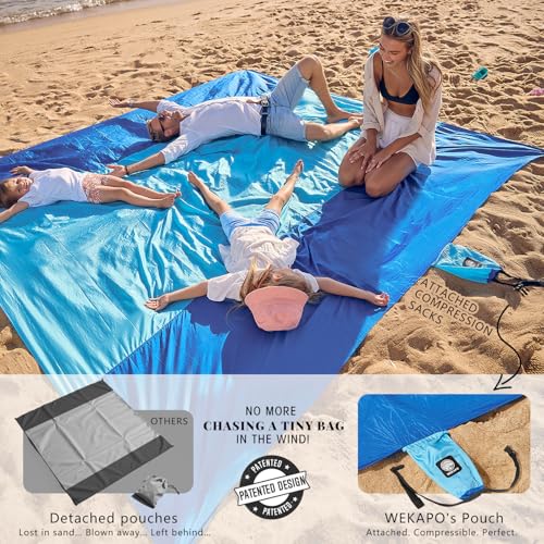 WEKAPO Beach Blanket Sandproof Waterproof, Extra Large Beach Mat, Oversized & Compact Sand Free, Quick Drying Beach Essentials for Vacation, Cruise, Picnic & Camping with Stakes - color: Blue, size: 9x10 FT (1～8 person)