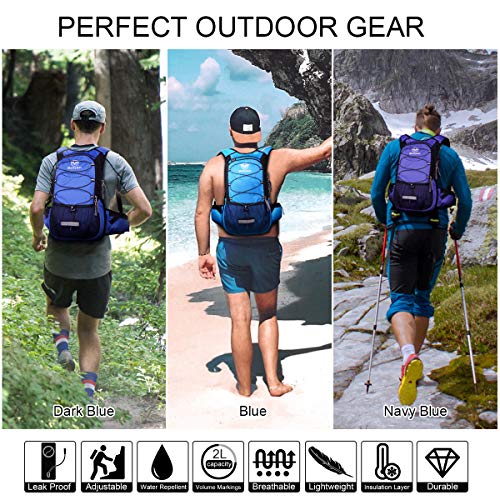 Mothybot Hydration Pack, Insulated Hydration Backpack with 2L BPA Free Water Bladder and Storage, Hiking Backpack for Men, Women, Kids for Running, Cycling, Camping - Keep Liquid Cool up to 5 Hours - color: Dark Blue