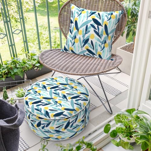 DYTXIII Inflatable Ottoman Stool D21 xH9 for Outdoor/Indoor Use, Water Repellent Patio Foot Rest Stool with Portable Handle,Round Pouf Ottoman Suitable for Garden,Deck and Camping - Leaves Multi - color: Leaves Multi, size: 21"D x 21"W x 9"H