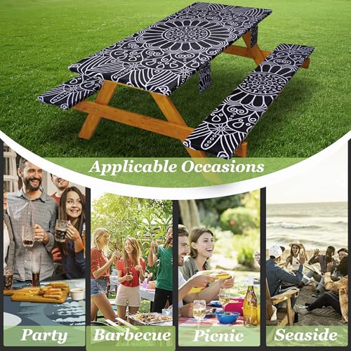 Picnic Table Cover with Bench Covers Vinyl Elastic Edges Fitted Rectangle Tables Seat Waterproof 3-Piece 96X30in Set Outdoor Rectangular Folding Backing Tablecloth Camping Over Size BlackMandala - color: Black Mandala, size: 96in