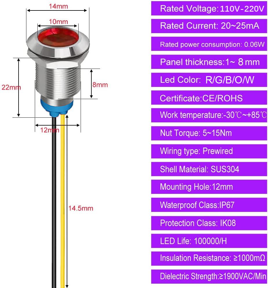 Gebildet 5Pcs 12mm LED Metal Indicator Light AC 110V-220V Waterproof Signal Lamp (Red) - color: Red 110V