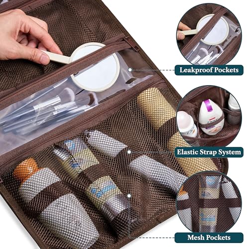 PAVILIA Hanging Toiletry Bag for Women Men Foldable Travel Organizer, Brown - color: Brown