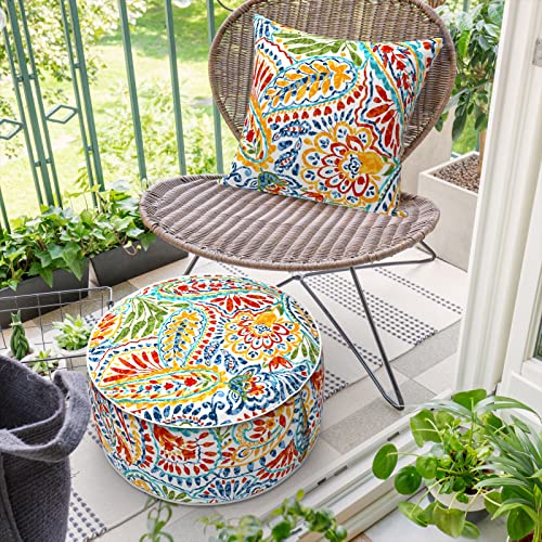 DYTXIII Inflatable Ottoman Stool D21 xH9 for Outdoor/Indoor Use, Water Repellent Patio Foot Rest Stool with Portable Handle,Round Pouf Ottoman Suitable for Garden,Deck and Camping - Paisley Multi - color: Paisley Multi, size: 21"D x 21"W x 9"H