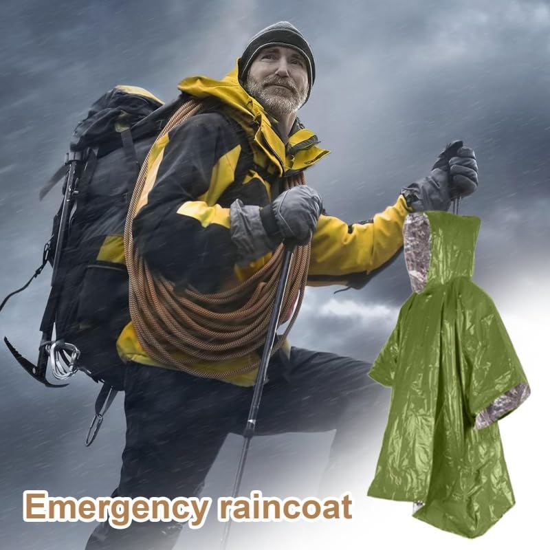 Emergency Poncho with Mylar Blanket Liner for Survival Gear, Waterproof, Wind-Resistant Green Rain Poncho for Outdoors, Camping, and Car Emergency Kits - Thermal Poncho- 4 Pack