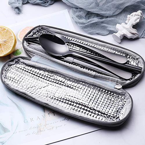 Travel Utensils Set with Case – 8-Piece Reusable Stainless Steel Camping Cutlery Set for Lunchbox, Office, School – Portable Fork Spoon Knife Chopsticks – Dishwasher Safe – Black - color: Black
