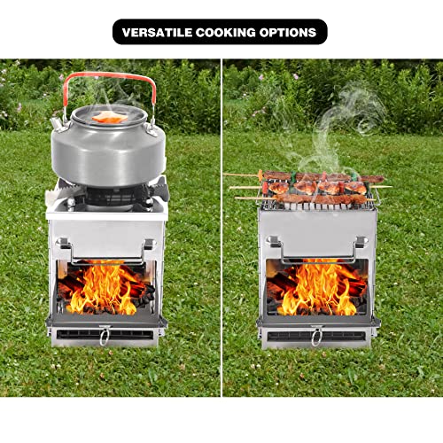 Large Portable Camping Wood Stove for Cooking, 304 Stainless Steel Folding Lightweight Wood Burning Stove with Grid and Pot Stand for Outdoor Camping Hiking Backpacking BBQ Picnic - size: Large with Grid and Pot Stand