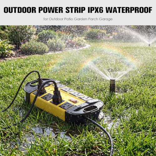 HHSOET Outdoor Weatherproof 8 Outlet Power Strip, IPX6, Yellow, 10FT | Outdoor Power Strip, IPX6 Waterproof Surge Protector, 2 USB-A 1 USB-C Ports, for Outdoor Patio Garden Porch Garage - color: Yellow, size: 10ft