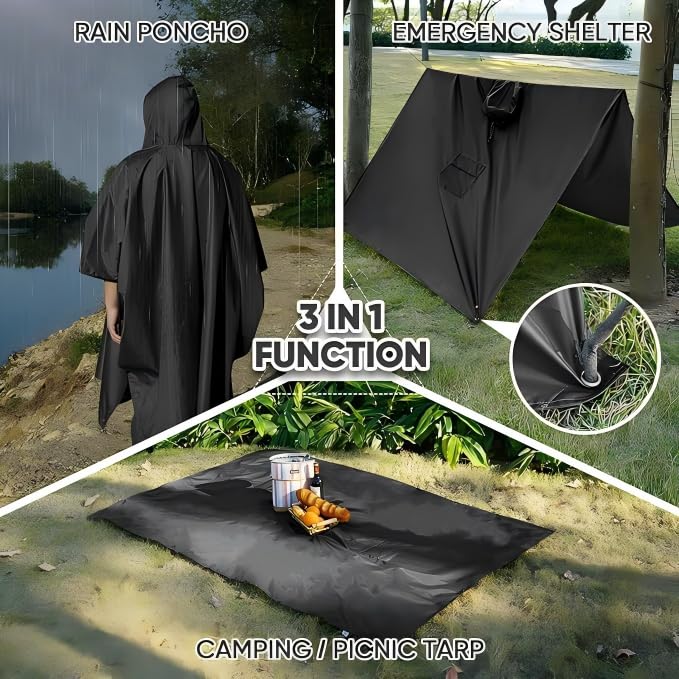 Extra Thick Waterproof Hooded Rain Poncho for Adults Lightweight Raincoat Jacket with Pocket for Hiking Camping Emergency - color: Black