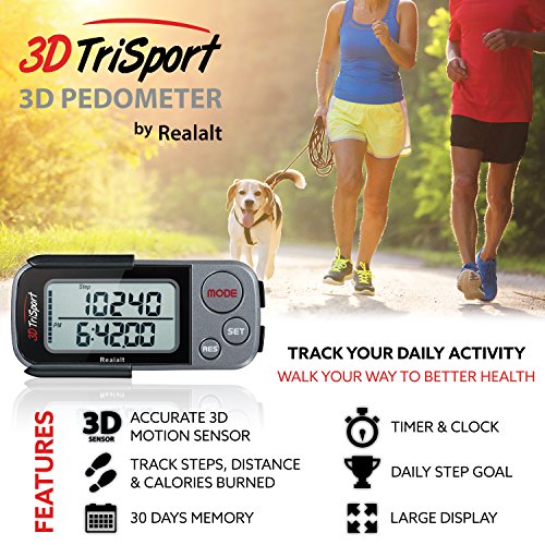 3DTriSport 3D Walking Pedometer with Clip & Strap, Accurate Step Counter with 30-Day Memory, Distance in Miles/KM Large Display Perfect for Seniors & Beginners eBook Included