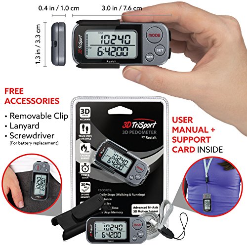 3DTriSport 3D Walking Pedometer with Clip & Strap, Accurate Step Counter with 30-Day Memory, Distance in Miles/KM Large Display Perfect for Seniors & Beginners eBook Included