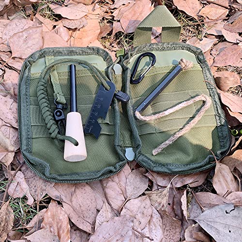 Fire Starter Survival Kit, Larger Ferro Rod with Striker Lanyard 3in Long Flint and Steel, 13.8in Wick Hemp Cord, Multifunctional Bag - style: Green Bag Kit