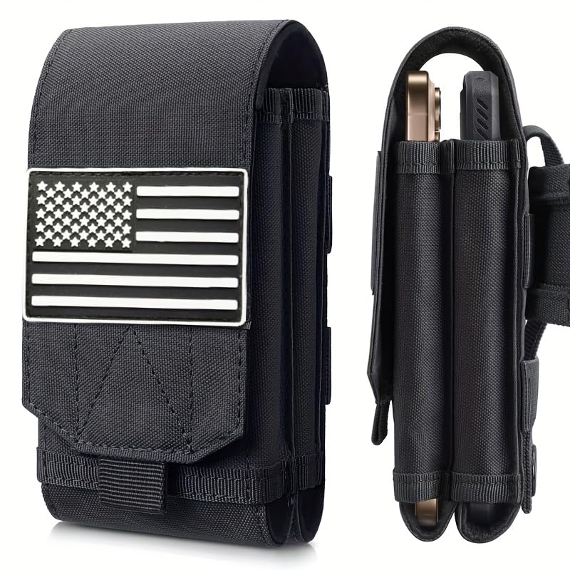 Tactical Double Layer Phone Holster Pouch with American Flag Patch Outdoor Molle Belt Waist Bag for Patriotic Independence Day Gear (White) - color: White