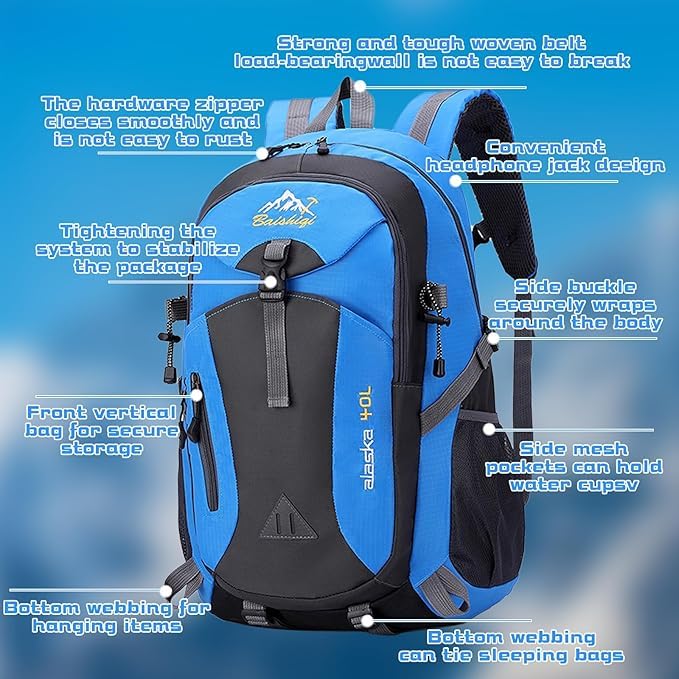 Men’s 40L Waterproof Hiking Backpack, Lightweight Foldable Daypack with Multi Pockets, Laptop Compartment, Breathable Polyester Rucksack for Outdoor Camping, Walking, Travel-Blue - color: Blue