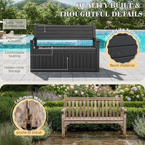 80 Gallon Outdoor Storage Bench, Deck Boxes 0utdoor Waterproof, Porch Bench Doubles as 2-Person Seat, Resin Stripes Deck Box for Cushions - color: Black