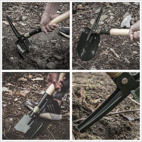 MASTIFF GEARS Folding Survival Shovel - Wooden Handle, Heavy Duty Carbon Steel Military Entrenching Tool for Camping, Off Road, Beach & All-Terrain Digging (Classic w/Pick) - style: Folding Shovel