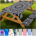 Picnic Table Cover with Bench Covers Vinyl Elastic Edges Fitted Rectangle Tables Seat Waterproof 3-Piece 96X30in Set Outdoor Rectangular Folding Backing Tablecloth Camping Over Size BlackMandala - color: Black Mandala, size: 96in