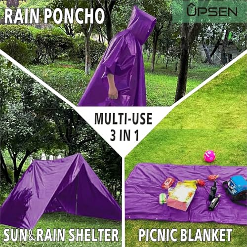 UPSEN Rain Ponchos for Adults, 2 Pcs Reusable Raincoats Coats Jackets Emergency for Women Men with Hood - color: Purple