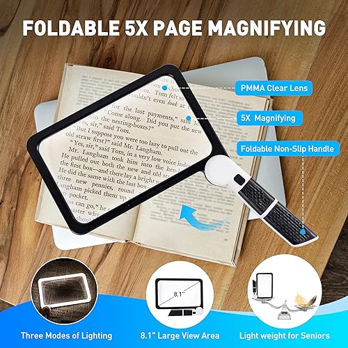 Full Page Magnifier with Light,Large Magnifying Glass for Reading,5X Magnifier for Seniors,Square Magnifying Glass Handheld,Lighted Book Magnifier,Big Vision Magnifier for Macular Degeneration