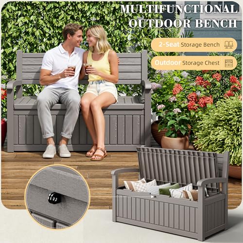 80-Gallon Deck Box Outdoor Storage Bench, Waterproof Outdoor Storage Box, Resin Patio Deck Bench with Hidden Storage, All-Weather Deck Box for Patio Grey - color: Grey