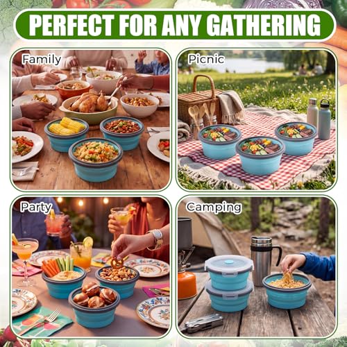 Domensi 12 Pcs Collapsible Bowls with Lids Silicone Camping Food Storage Container Foldable Expandable Folding Salad Lunch Box Leakproof Travel Container for Back to School Hiking Camping, Blue