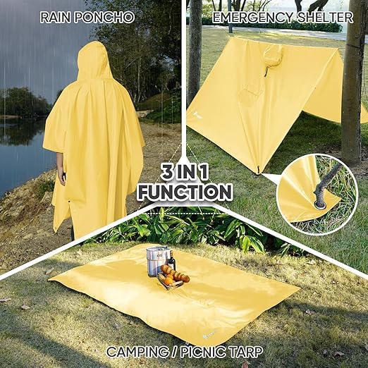 Extra Thick Waterproof Hooded Rain Poncho for Adults Lightweight Raincoat Jacket with Pocket for Hiking Camping Emergency - color: Yellow