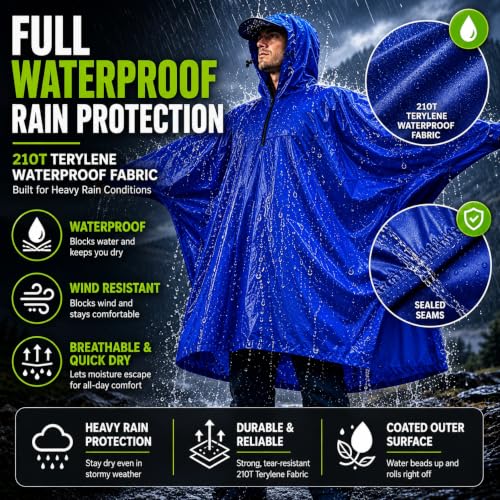 Adventure World Globotrekker Backpack Poncho Lightweight Waterproof Rain Poncho for Hiking, Camping, Travel & Outdoor Use - color: Sapphire Blue