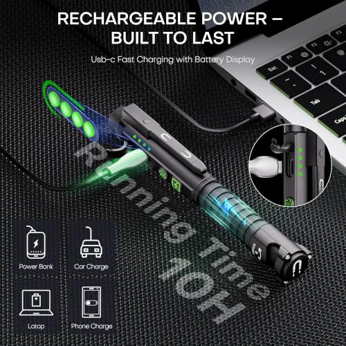 EDC Flashlight Rechargeable,800 Lumen Small Flashlight with Magnetic Clip & Base, 11 Modes LED Flashlight,Glass Breaker&Bottle Opener, USB-C Flashlight for Working,Home and Emergency - color: Black