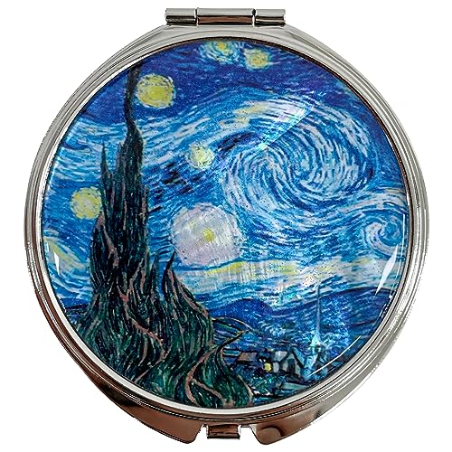 Portable Makeup Compact Double Magnifying Mirror Cosmestic Foldable Pocket Style Unique Mother of Pearl Design (Starry Night) - color: Starry Night