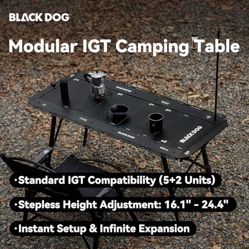 BLACKDOG Modular IGT Camping Table with Center-Folding Design, 4.5 Unit Aluminum Outdoor Kitchen Table, Adjustable Height 16"-24", Portable Folding Camp Table with Side Rails & 7 Expandable Plates - color: Midnight Black