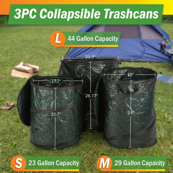 Wakeman Outdoors Collapsible Trash Can, 44-Gal, 29.5-Gal, 23.1-Gal, 3-Pack | Outdoor Portable Pop Up Trash Cans for Parties, Laundry Hamper, Collapsible Yard Waste Bag Leaf Bin - Camping Essentials - size: 44-Gallon, 29.5-Gallon, and 23.1-Gallon