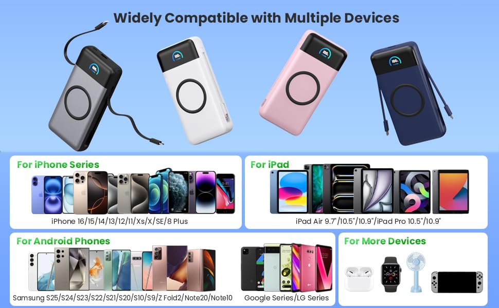 Wireless Portable Charger 40,800mAh with Built-in Cables,15W Wireless Charging 25W PD QC4.0 Fast Charging USB-C Power Bank,Travel Essentials External Battery Pack for iPhone 17/16/15/14,Galaxy,Android - color: Black