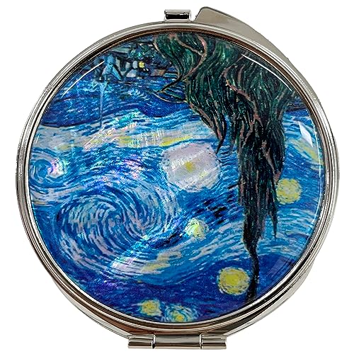 Portable Makeup Compact Double Magnifying Mirror Cosmestic Foldable Pocket Style Unique Mother of Pearl Design (Starry Night) - color: Starry Night