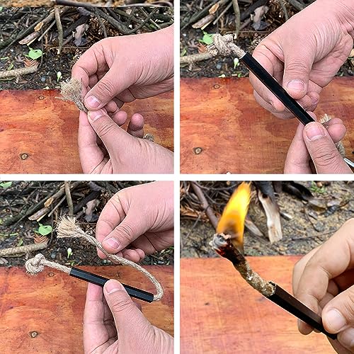 Fire Starter Survival Kit, Larger Ferro Rod with Striker Lanyard 3in Long Flint and Steel, 13.8in Wick Hemp Cord, Multifunctional Bag - style: Brown Bag Kit