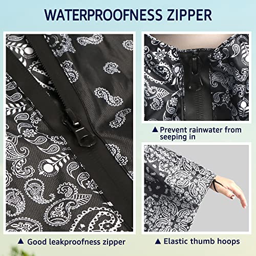 ANYOO Waterproof Rain Poncho Lightweight Reusable Hiking Hooded Coat Jacket for Outdoor Activities - color: Black Flower