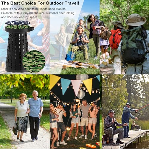 ALEVMOOM Upgraded Telescoping Collapsible Stool with Cushion, Folding Stool with Printing Portable Retractable Foldable Seat Max Load 600lbs for Adults Camping Fishing Outdoor - color: Camo