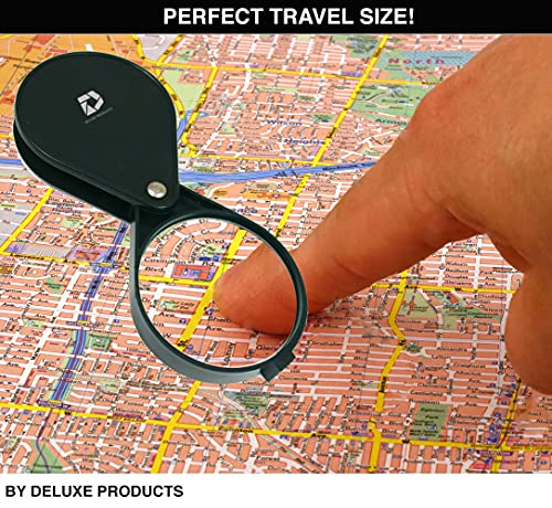 Deluxe Products Folding Pocket Magnifying Glass - Portable Compact Design for Travel, and 2.5" Glass Lens with 4X Magnification for Reading Small Print, and Hobbyists,Black,DP-7016 - style: Folding
