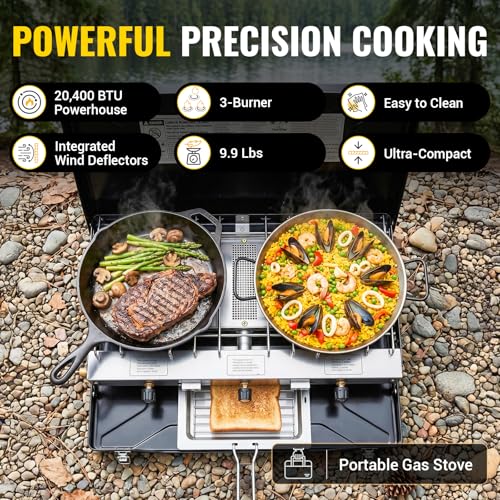 FineFlame Camping Stove, Propane Portable Camp Stove, 20400BTU-3 Burners - color: Black-3 burner-20400BTU