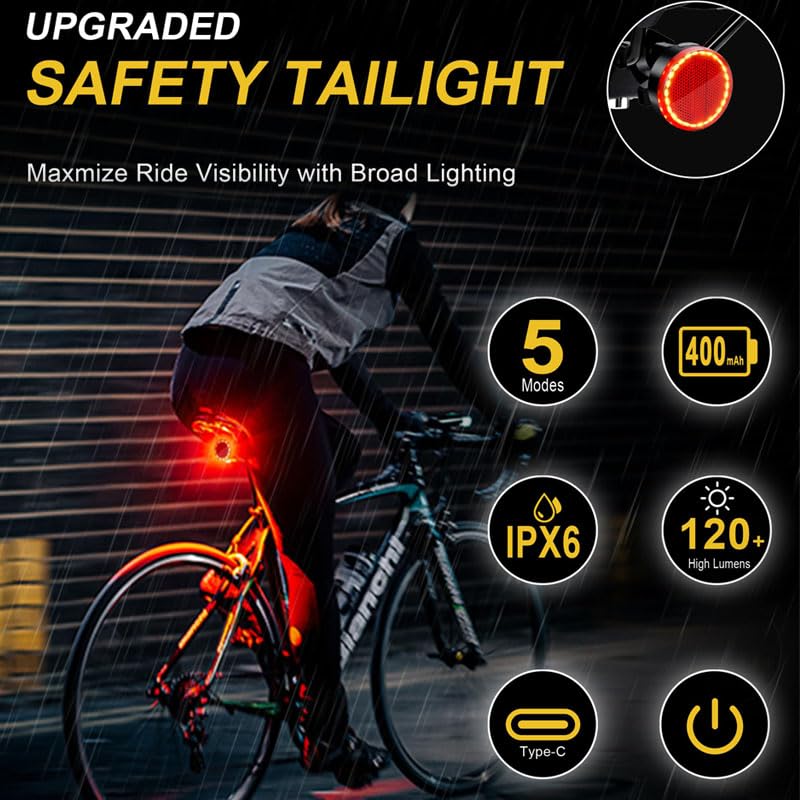 Type C USB Rechargeable Bike Tail Light, Ultra Bright IPX6 Waterproof Bicycle Rear Cycling Safety Flashlight, 5 Light Mode Road Mountain Accessories Night Ride Hiking, Cycling, Camping