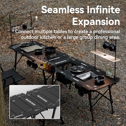 BLACKDOG Modular IGT Camping Table with Center-Folding Design, 4.5 Unit Aluminum Outdoor Kitchen Table, Adjustable Height 16"-24", Portable Folding Camp Table with Side Rails & 7 Expandable Plates - color: Midnight Black