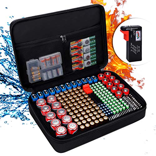 ENGPOW Battery Organizer Storage Box w/Tester,Protects Up to 220 Batteries | Fireproof,Water-Resistant,Explosionproof,Portable Battery Vault Carrying Case with Handle & Zipper, Safe for Home,Garage,Car